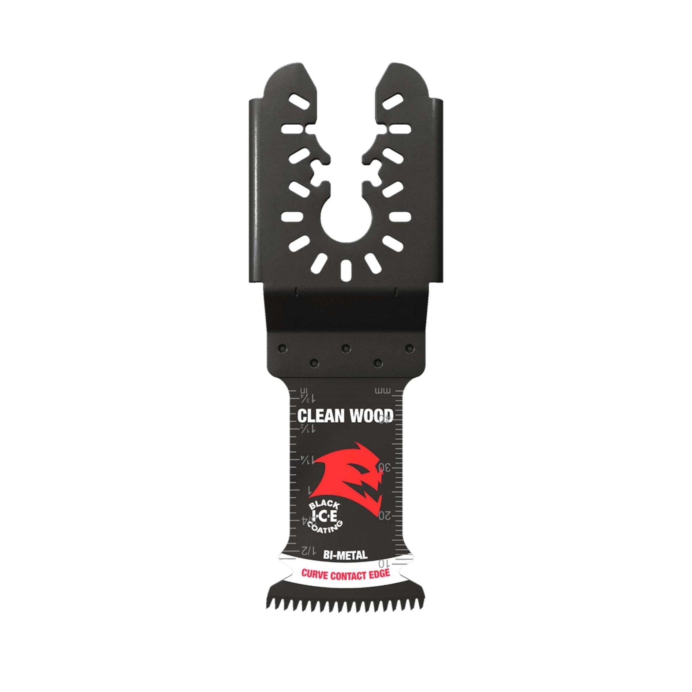 The Diablo DOU125JBW 1-1/4 Demo Demon™ blade for clean wood features a black and red wavy cutting edge and a U-shaped universal mounting bracket, marked Black Ice Bi-Metal with a red bear-like logo.